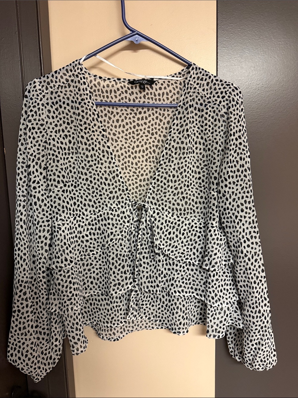 George Black and White Dotted V-Neck Tiered Blouse